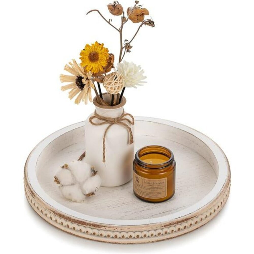 Hanobe Wood Bead Round Tray Whitewashed Rustic Farmhouse Coffee Table Decor